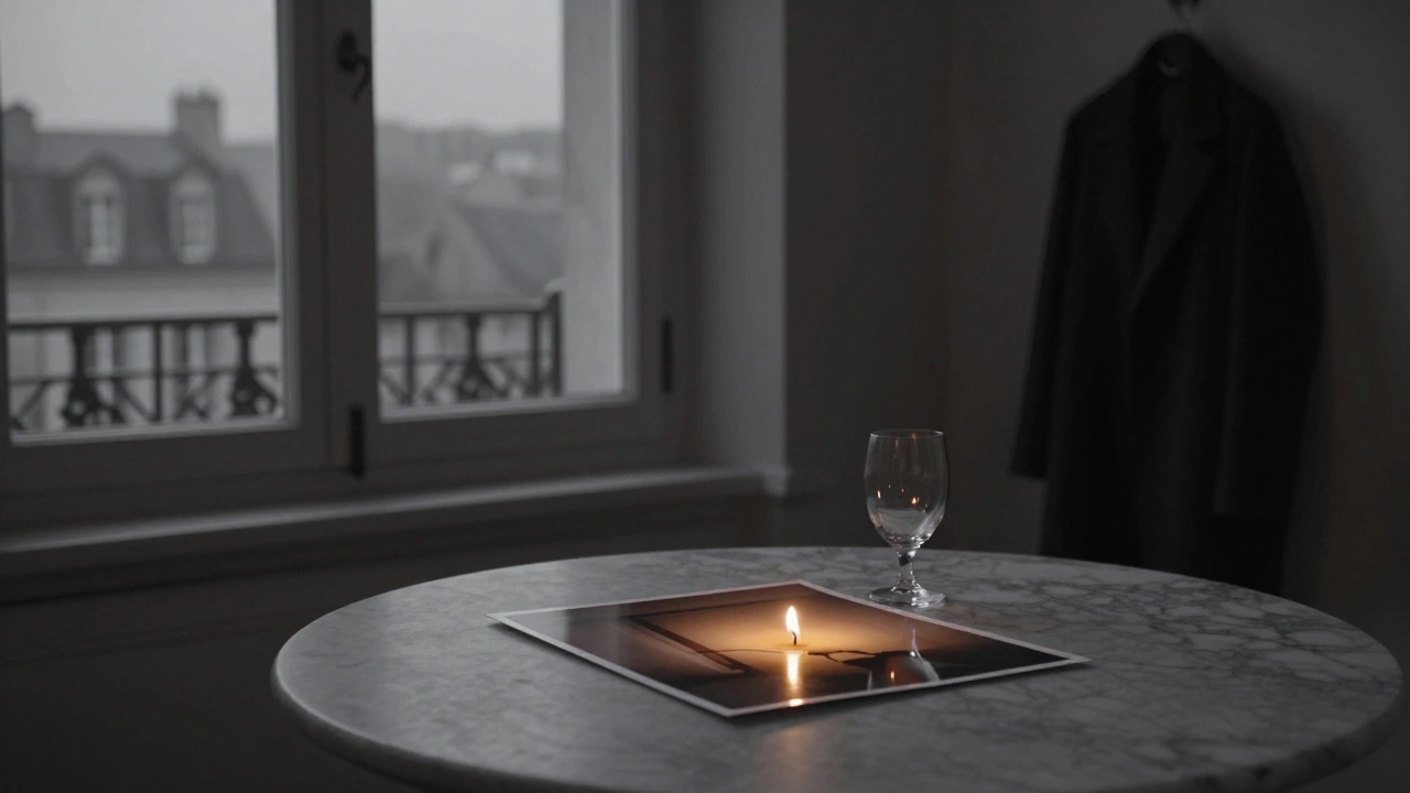 An empty room with a candlelit photograph on marble, a dark coat hanging nearby, evoking quiet human connection.