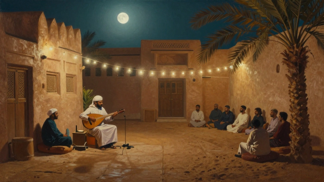 Quiet courtyard in Al Fahidi with a musician playing oud under string lights at night.
