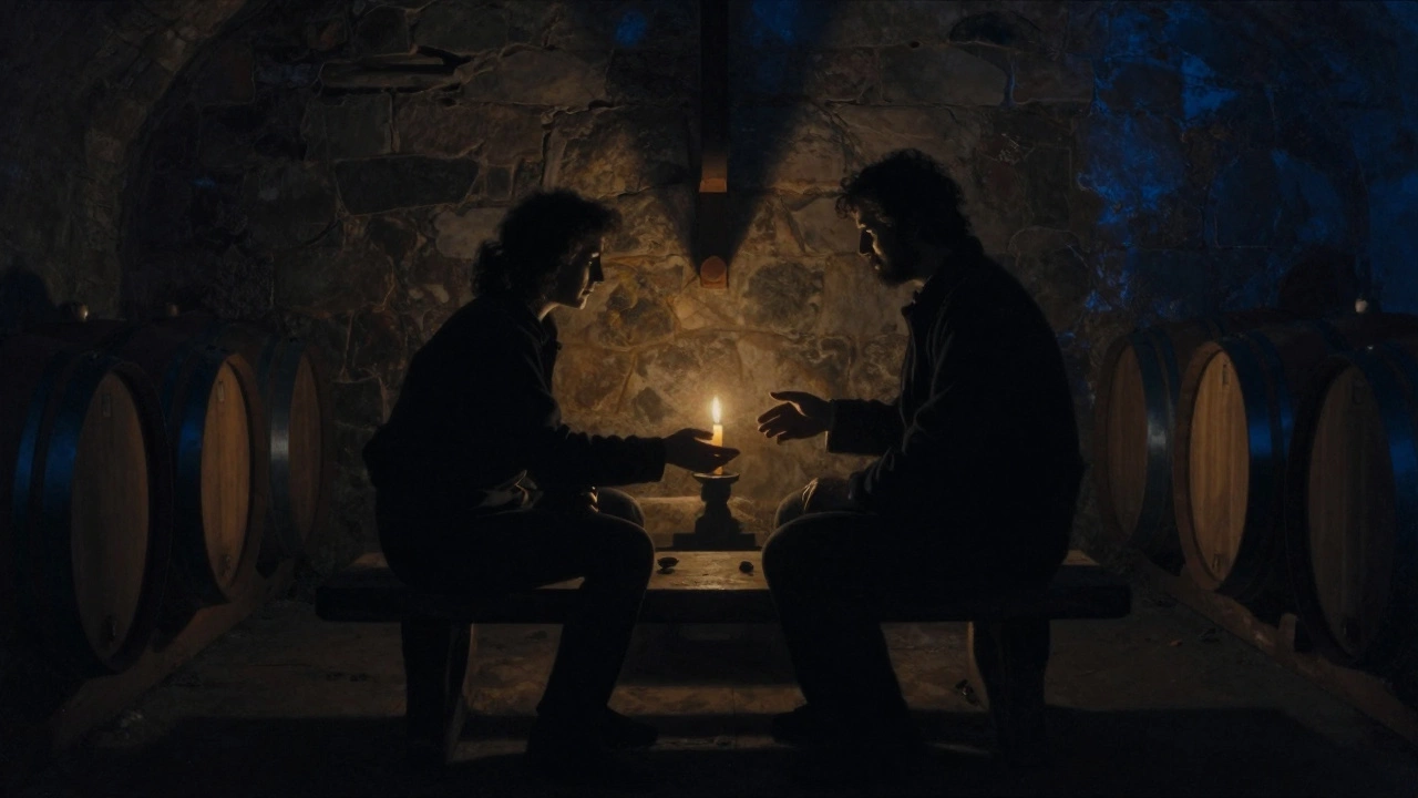 Two silhouetted figures sit in silence on a vineyard cellar bench, a single candle casting soft light between them.