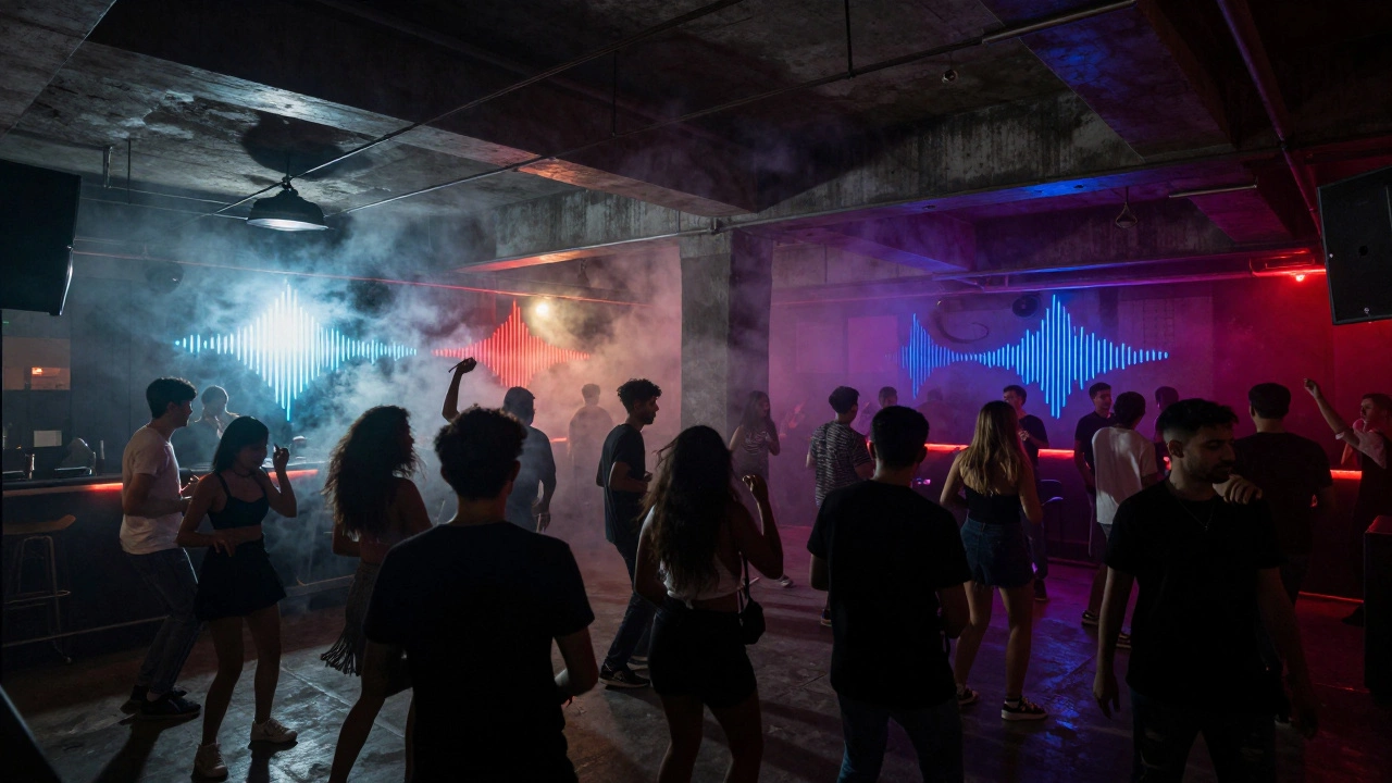 Underground club in Al Quoz with neon lights and dancers under strobe effects.
